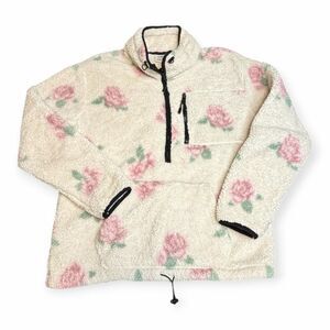 PINK VICTORIA’S SECRET Women’s Cream Pink Floral Sherpa Half Zip Pullover Size M
